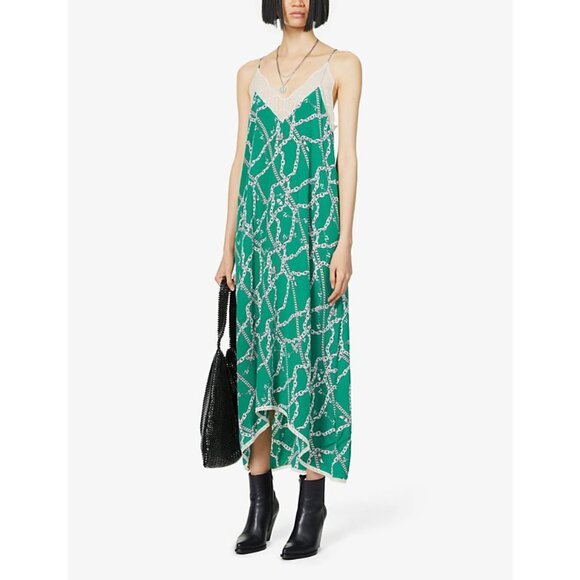 Zadig & Voltaire Risty Green chain 100% Silk Racerback Midi Slip Dress, size Sm - Picture 1 of 11